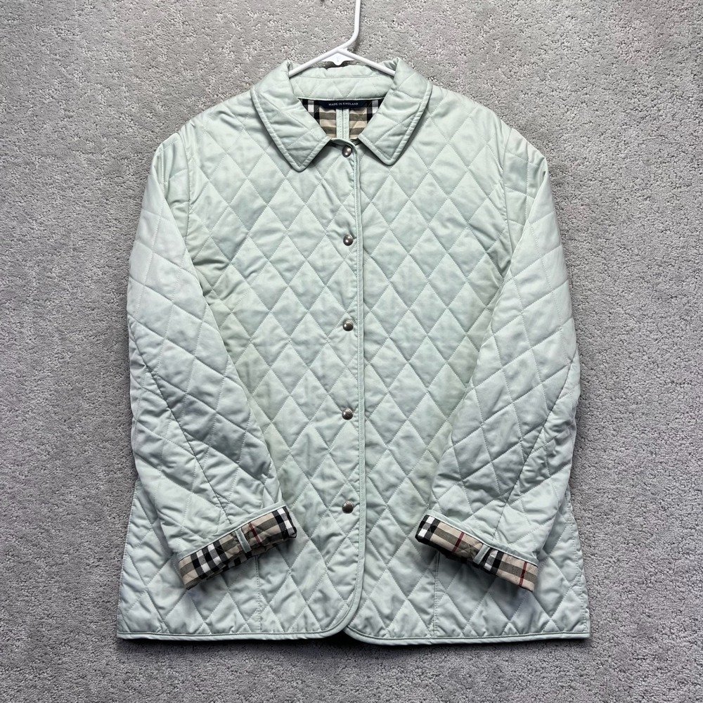 Burberry London Jacket Womens L Light Blue Quilted Nova Check Made in England